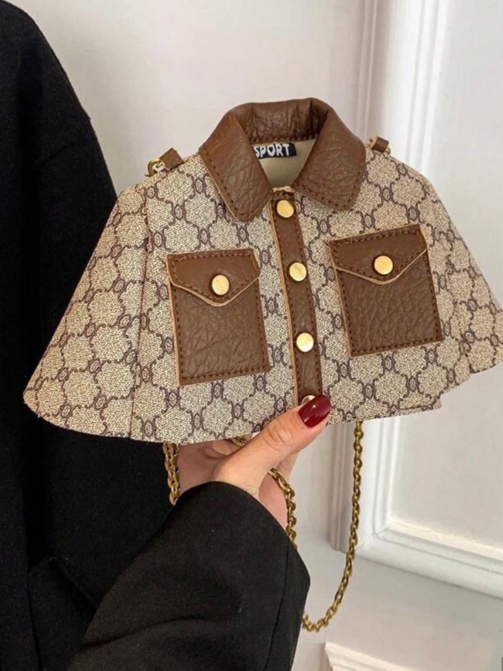 Beige and Brown Quilted-Style Crossbody with Gold Chain